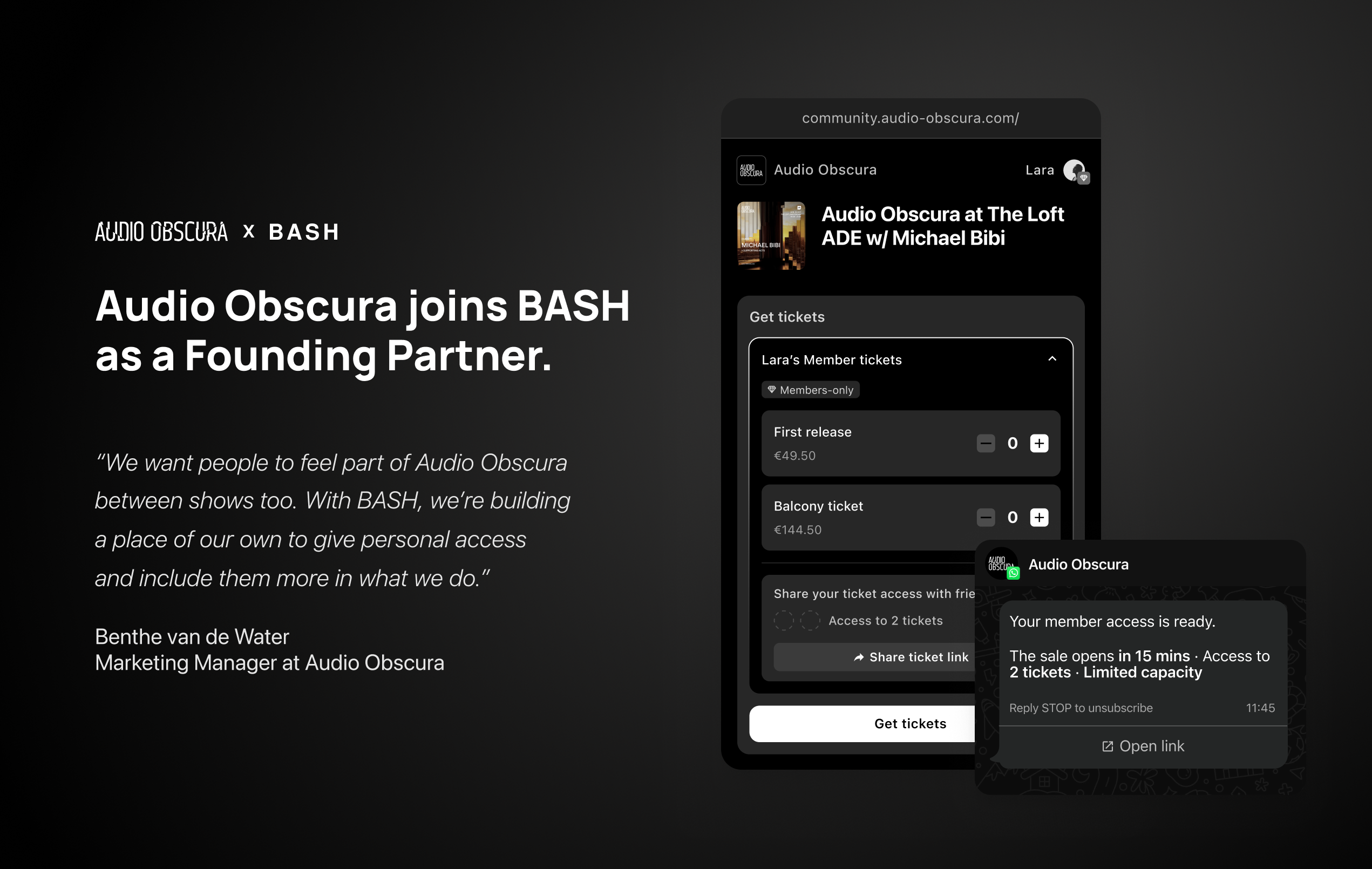 Audio Obscura and BASH Founding Partner announcement, showing member tickets and personal WhatsApp access on Audio Obscura’s branded page