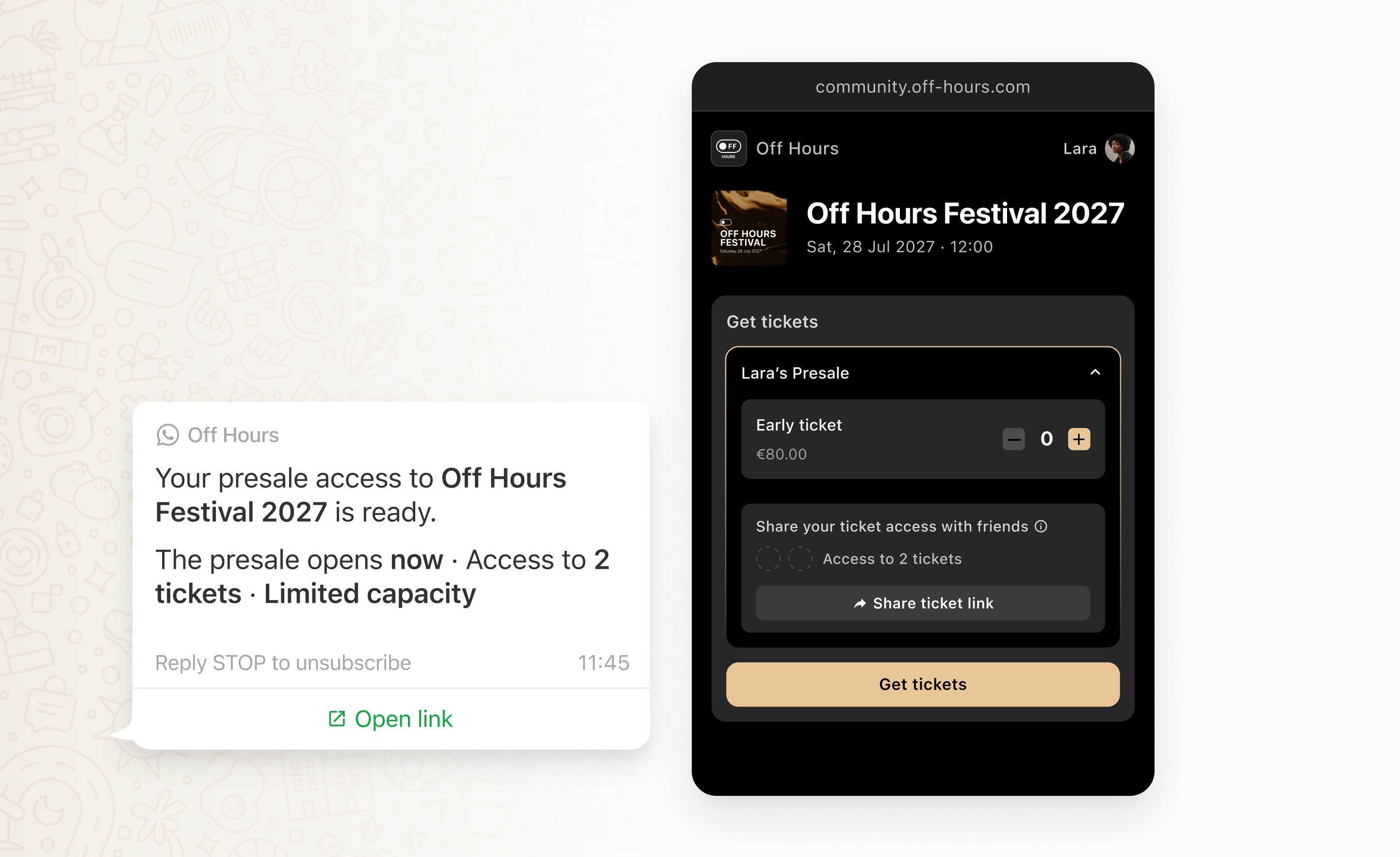 An Off Hours WhatsApp invitation and personal ticket access