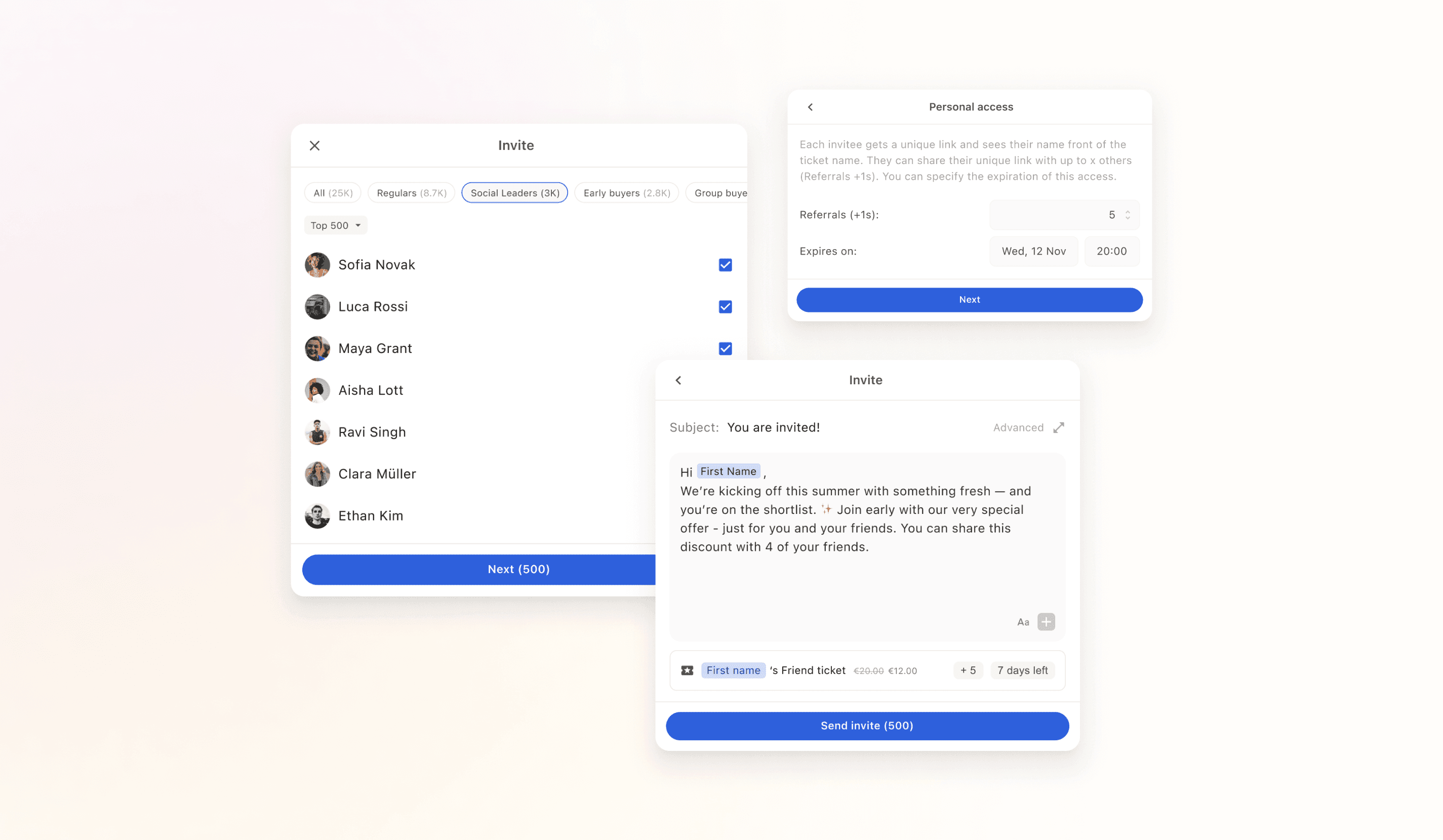 BASH personal ticket access invite flow with referrals and expiry